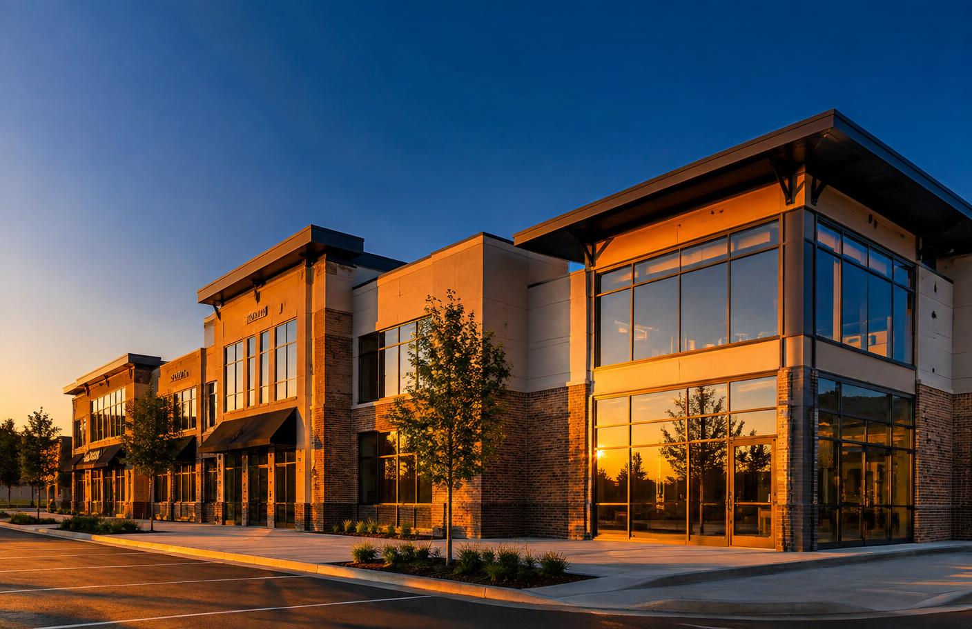 Small business and commercial buildings at golden hour
