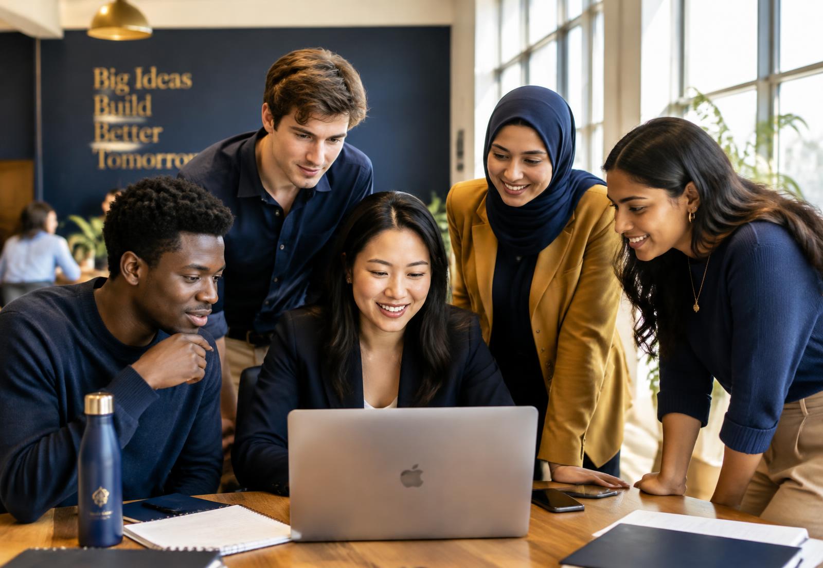Diverse group of young entrepreneurs collaborating around a laptop