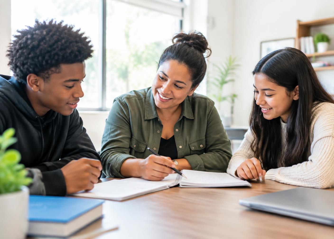 A mentor reviewing notes with two teenage students at a table